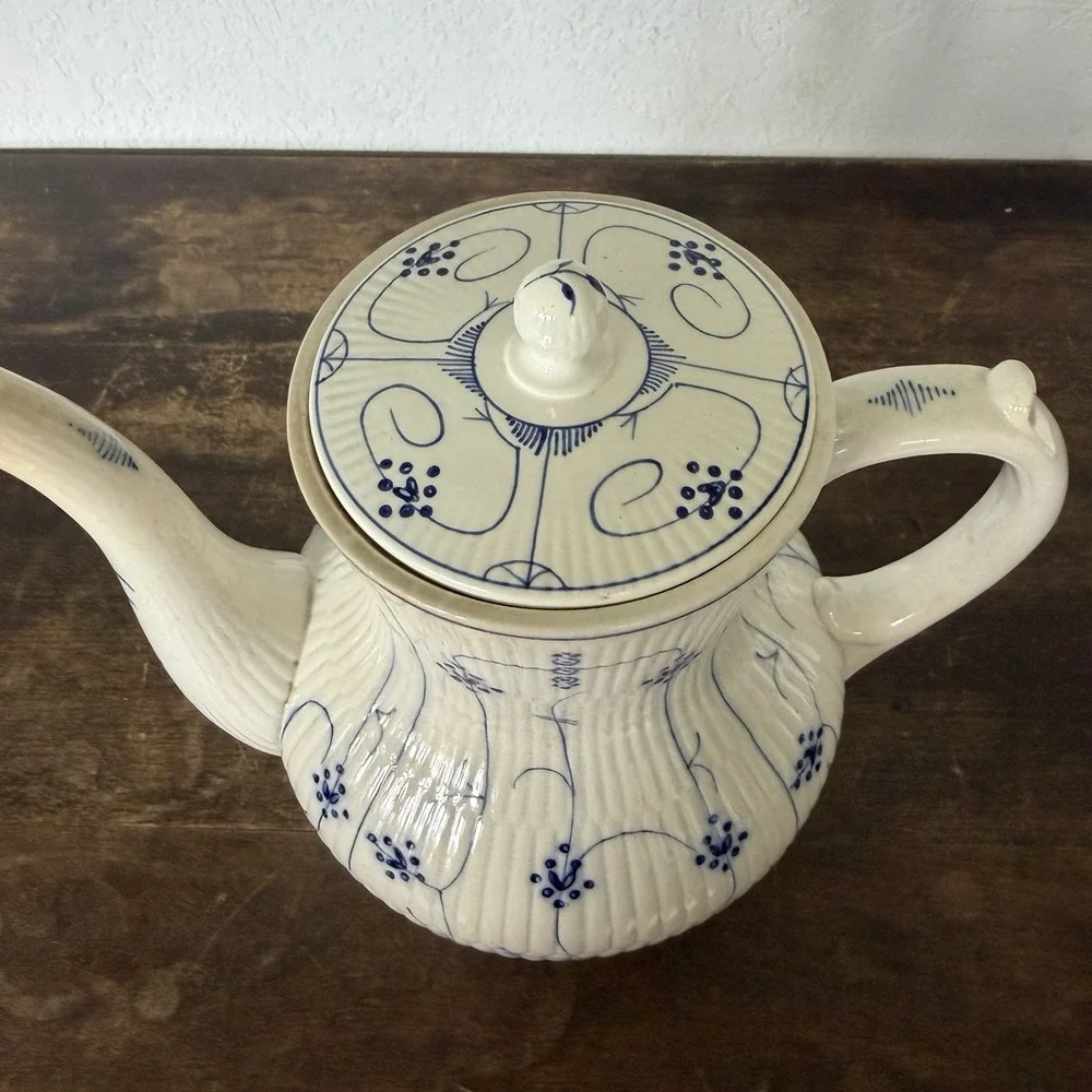 Antique French Sarreguemines Copenhagen Blue Fluted Coffee Pot Teapot 19thC 8